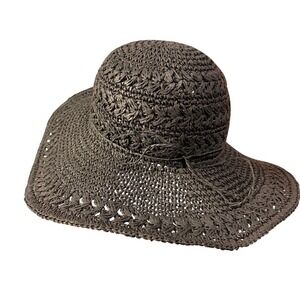 Kathy Jeanie Woven Straw Sun Hat Wide Floppy Brim black Summer Beach Boho
